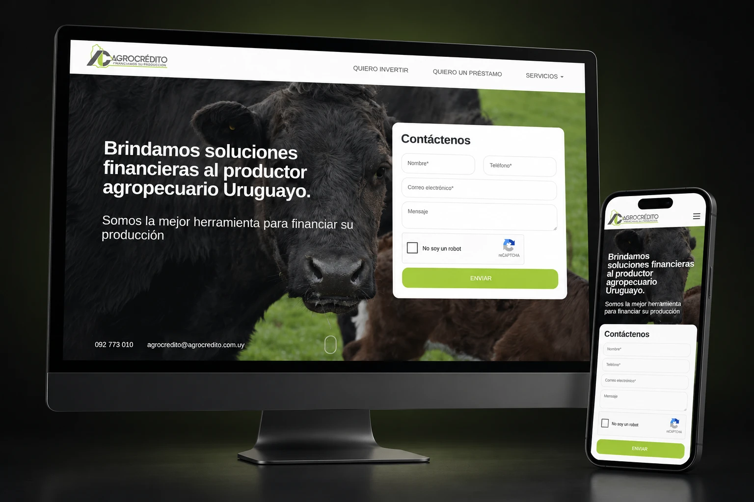 Sitio web de AGROCRÉDITO (agrocredito.com.uy) en computadora y celular