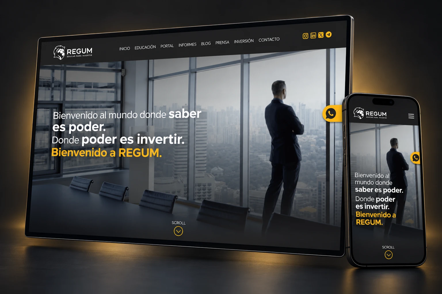 Sitio web de REGUM (regumcapital.com) en computadora y celular